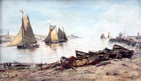 Edwin Hayes (1820-1904) Shrimp boats entering Gorleston harbour, 5.5 x 9in.